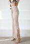 A.Beige Drawstring Waist Slit Corded Fabric Women's Knitwear Trousers - 5
