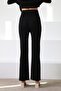 Black Drawstring Waist Slit Corded Fabric Women's Knitwear Trousers - 5