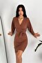 Women's Belted Double-Breasted Collar Knitted Dress Dpkklf47 - 2