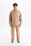 Men's Koton Linen Blended Long Sleeve Apaj Collar Shirt, Elastic Waist Pants Set