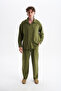 Men's Koton Linen Blended Long Sleeve Apaj Collar Shirt, Elastic Waist Pants Set