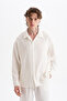 Men's Koton Linen Blended Long Sleeve Apaj Collar Shirt, Elastic Waist Pants Set - 2