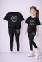 Girl's Set T-Shirt and Stretchy Leggings Set 100% Cotton Black Heart Print – Comfortable Sports Combination