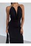 Women's Black Halter Neck Accessory Dress Side Slit Midi Length Sandy Dress Hzl26S-Fry123841 - 3