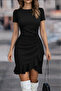 Women's Short Sleeve Crew Neck Front Ruffled Imported Crepe Dress - 3