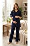 Yenisezon Navy Blue Lace Embroidered Summer 100% P Cotton Buttoned Maternity Maternity Dressing Gown Pajama Set - 8