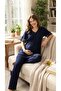 Yenisezon Navy Blue Lace Embroidered Summer 100% P Cotton Buttoned Maternity Maternity Dressing Gown Pajama Set - 4