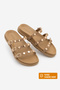 Women's Genuine Leather Three-Stripe Studded Casual Shoes Slipper Zoven Camel Suede