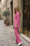 Women's Slit Blouse and Elastic Hem Pants Set in Cotton Ribbed Fabric - 5