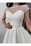 White Shoulder Detail Lace Embroidered Sequined Midi Evening Dress - 5