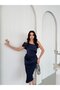Navy Boat Neck Midi Evening Dress with Waist Detail - 4