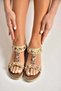 Y274801409 Beige Flat Sole Piece Colorful Stone Detailed Women's Set Sandals - 4