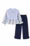 Flower Embroidered Knitwear Detailed Plaid Shirt and Jeans Girls' Set - 6