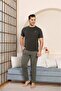 Men's Khaki Green Buttonless Crew Neck Striped Jacquard Cotton Lycra Short Sleeve Pocketed Pajama Set - 7