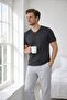 Men's Anthracite Striped V-Neck Buttonless Jacquard Cotton Lycra Short Sleeve Pocketed Pajama Set - 4