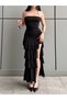 Women's Black Ruffle Detail Slit Strapless Maxi Dress Yel221820