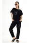 Women's Black Starry Sequined Linen Blouse Nj119 - 4
