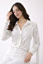 Cream Linen Look Green Embroidery Detailed Oversized Shirt - 3