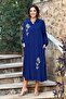 V276 Navy Blue Floral Embroidered Shirt Dress Pants Set - 5