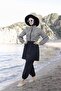 Fully Covered Black and White Patterned Hijab Islamic Swimwear 3-Piece Set Parachute Fabric - 7