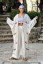 Cream Color Orange Embroidered Linen Kimono Pants Set - 3