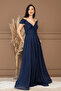 Glittery Boat Neck Long Evening Dress - Dark Blue - 7