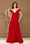 Glittery Boat Neck Long Evening Dress - Red