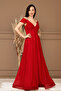 Glittery Boat Neck Long Evening Dress - Red - 8