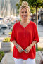 Red V-Neck Short Sleeve Buttoned Collar and Cuff Ruffles Casual Muslin Oversized Woven Blouse 77 70 - 2