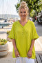 Pistachio Green V-Neck Short Sleeve Buttoned Collar and Cuff Ruffles Casual Muslin Woven Blouse 77 70
