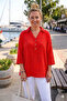 Red Shirt Collar Buttons 3/4 Sleeve Side Buttons Casual Muslin Woven Blouse 67 67 - 3