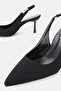 Women's Black Satin Short-Heeled Shoes with Pointed Toe and Open Back - 3