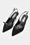 Women's Black Satin Short-Heeled Shoes with Staples, Pointed Toe, Open Back - 2
