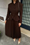 Coffee Embroidery Detailed Jacket Pleated Skirt Women's Suit - 3