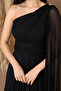 Glittery Tulle Pleated Detailed Long Evening Dress - Black - 2
