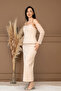 Atlas Lace Detailed Strapless Elibse - Bej - 6