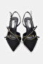 Women's Black Satin Short-Heeled Shoes with Staples, Pointed Toe, Open Back - 4