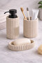 Polyresin 3 Piece Bathroom Set Liquid Soap Dispenser Toothbrush Holder Soap Dish Modern Striped Design Cream - 3
