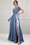 Women's Single Strap Stone Detailed Strapless Yaka Lined Long Satin Dress