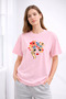 Women's Printed Detail Oversize Bol Cut T-Shirt with Cycling Neck