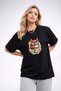 Women's Printed Detail Oversize Bol Cut T-Shirt with Cycling Neck