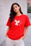 Women's Printed Detail Oversize Bol Cut T-Shirt with Cycling Neck