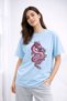Women's Printed Detail Oversize Bol Cut T-Shirt with Cycling Neck