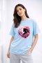 Women's Printed Detail Oversize Bol Cut T-Shirt with Cycling Neck