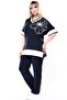V-Neck Short Batwing Sleeve Floral Stone Embroidered Slit Blouse with Drawstring Waist Elastic Pocketed Pants Set - 6