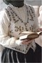 Women's Cream Colored Floral Embroidered V-Neck Buttoned K Linen Vest - 6