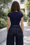 Women's Star Stone Printed Stretch Fabric Short Sleeve Body Tee Cropped - 2