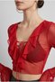 Women's Red Tulle Detail Plunging Neckline Cropped Blouse Spanish Sleeve Ruffle Stylish Night Blouse - 2