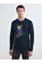 Navy Blue Crew Neck Bear Teddy Printed Men's Pajama Set - 2