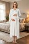 Ecru Lace Pcs Special Design Shawl Collar Cotton Pcs Maternity Nightgown-Dressing Gown Set of 2 - 3